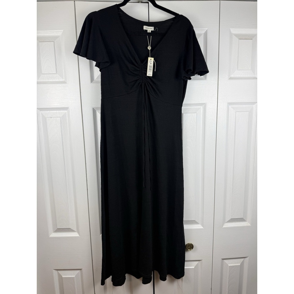 Max Studio Cinched Front Flutter Sleeve Midi Dress Black Minimalist Medium NWT